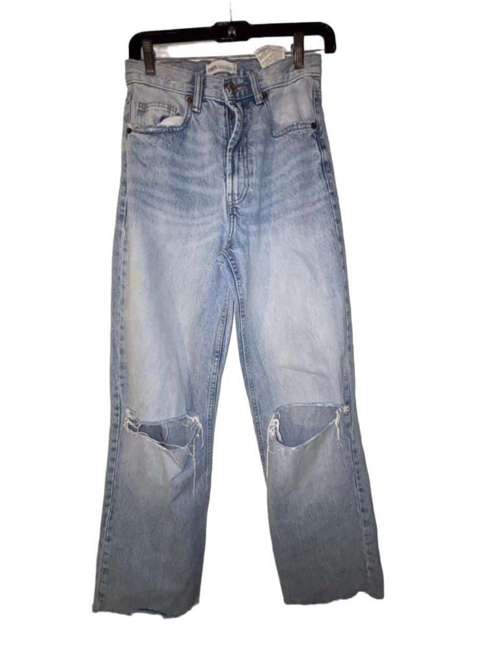 Zara TRF Light Wash High Rise Ripped Wide Leg Jeans